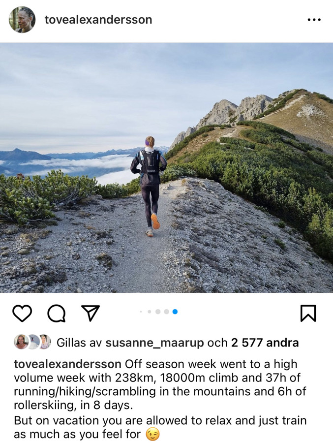 Instagraminlägg av Tove Alexandersson om hennes volymvecka.