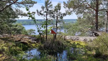 Naturpasskärm vid mosse med utsikt över en sjö