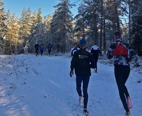 Ett gäng från elitmiljön i Umeå springer på en snötäckt stig i skogen.