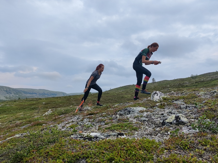 Två orienterare tränar downhill under U25-Camp 2022.
