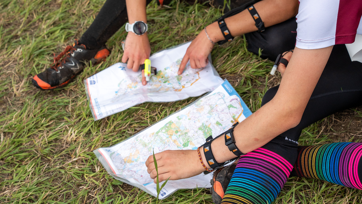 Barn som läser karta vid målgång efter en orienteringstävling