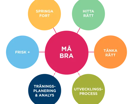 Utvecklingsplan Huvudbild de sju delarna i planen med må bra i centrum