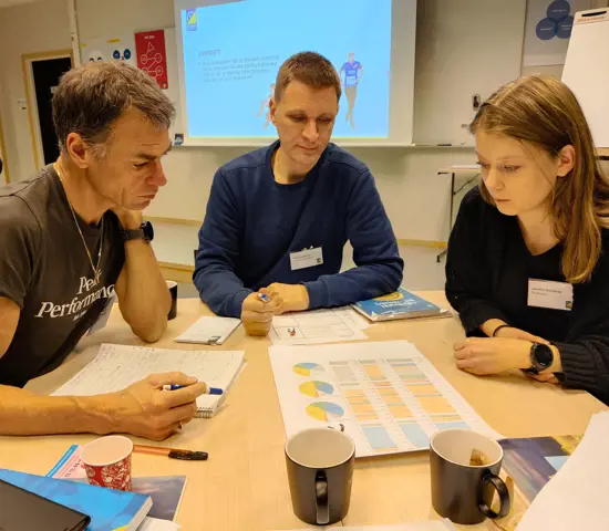 Tre deltagare på Junior- och seniortränarutbildningen sitter vid ett bord och funderar kring en övningsuppgift