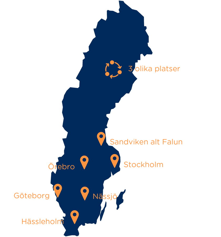 Sverigekarta med platserna där naven ska etableras