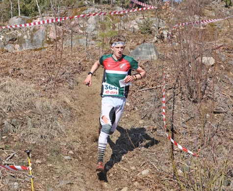 Växjö OK:s Linus Wernström på väg från sista kontrollen vid Swedish League långdistans i Valdemarsvik.