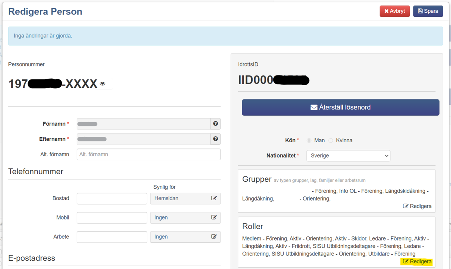 Skärmbild för redigering av roller som tilldelas via IdrottOnline