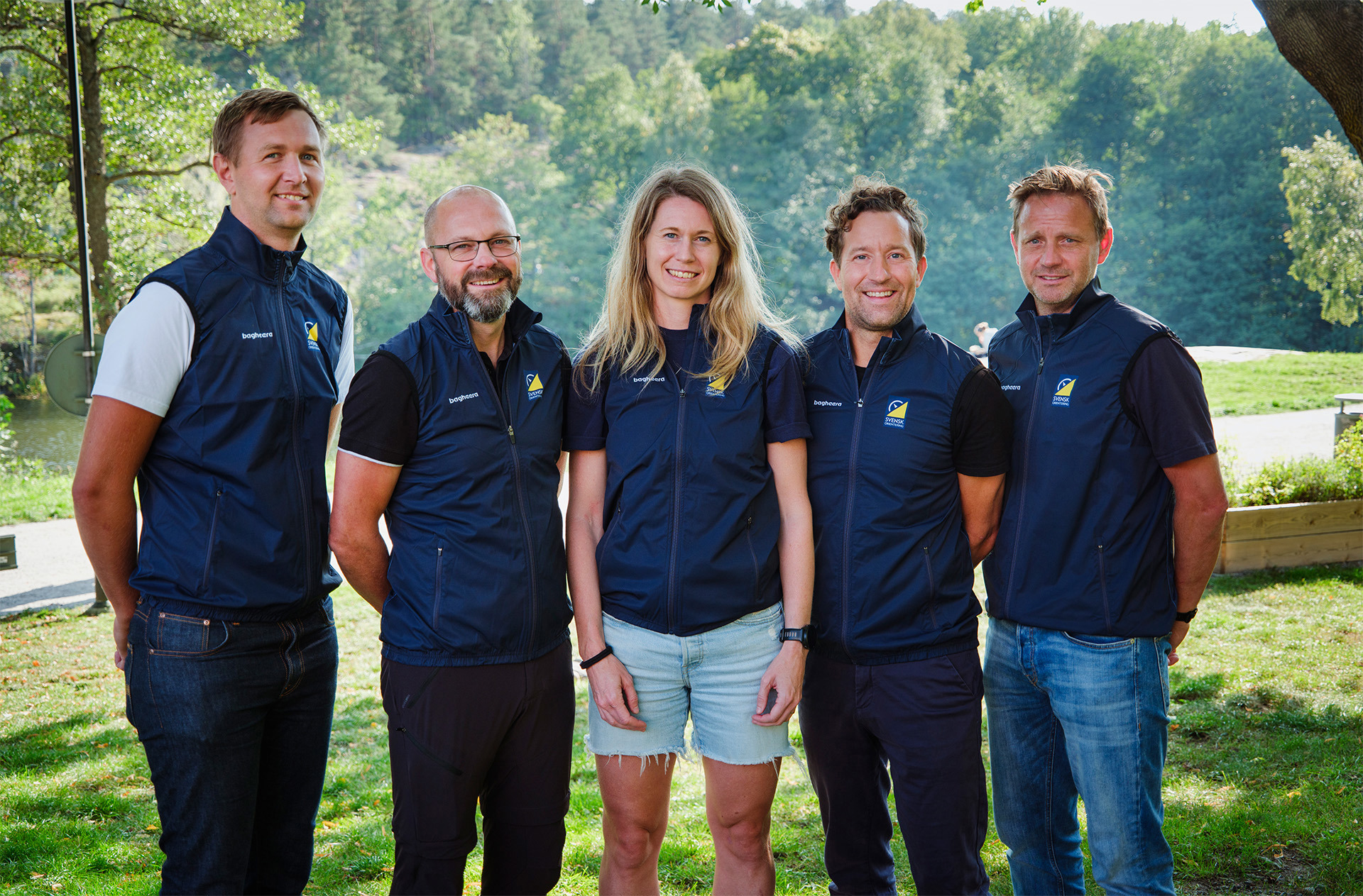 Följande fem har olika roller i orienteringslandslagets organisation. Från vänster: Erik Mattsson, Tomas Yngström, Lina Strand, Håkan Carlsson och Kalle Dalin. 