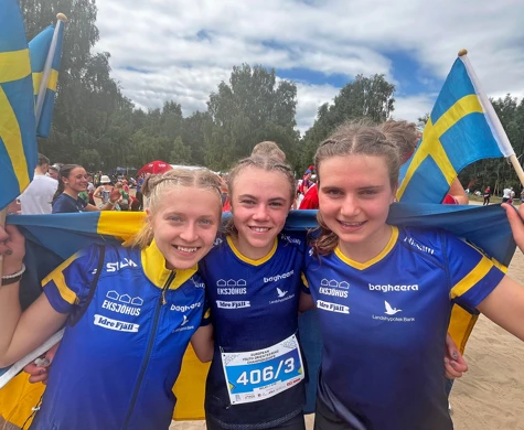 Trion som tog hem EYOC-stafetten. Från vänster: Tuva Sirviö, Freja Hjerne och Tilia Olsson.