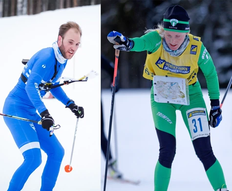 Linus Rapp till vänster och Linda Lindkvist till höger spurtar i mål på skidorientering.