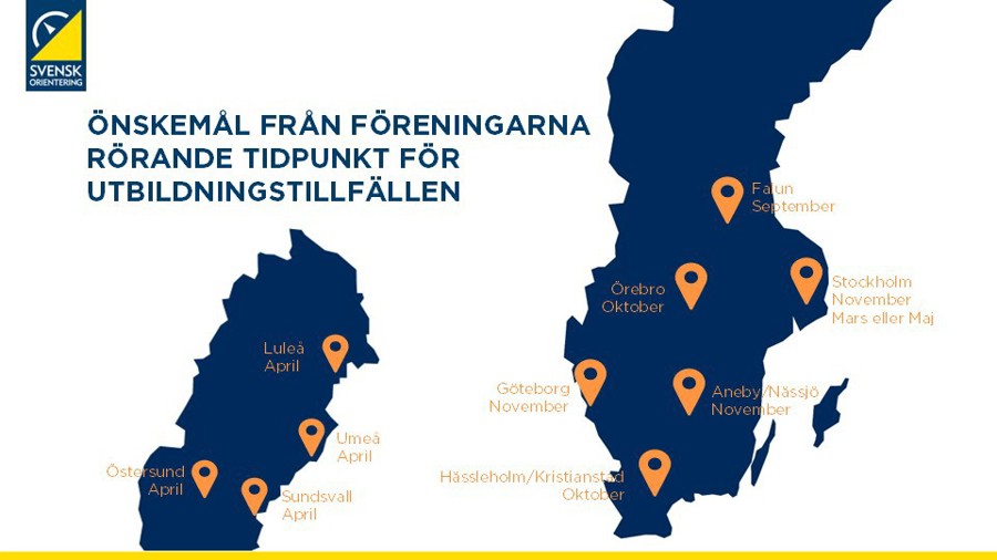 Karta med nav och tidpunkter för fysiska utbildningstillfällen